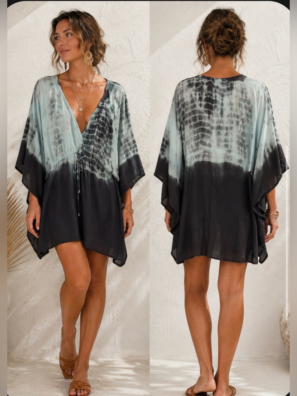 Mint & Black Resort Tie Dye Resort Vacation Tunic Dress Boho Beach Coverup Large